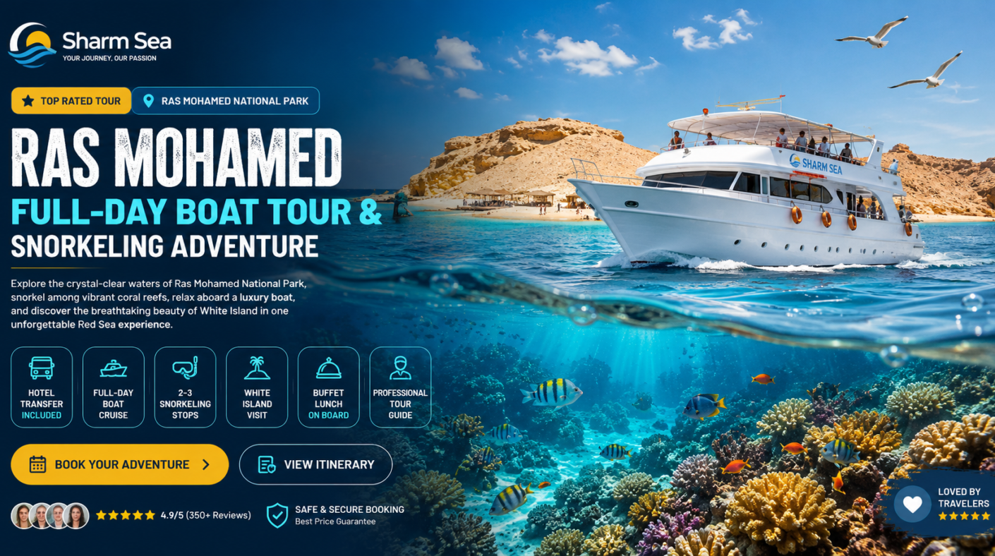 Ras Mohammed Boat Trip & White Island Snorkeling | Sharm El Sheikh "Ras Mohamed Full-Day Boat Tour in Sharm El Sheikh featuring a luxury yacht, White Island, crystal-clear Red Sea waters, vibrant coral reefs, tropical fish, and snorkeling adventure at Ras Mohamed National Park, Egypt."