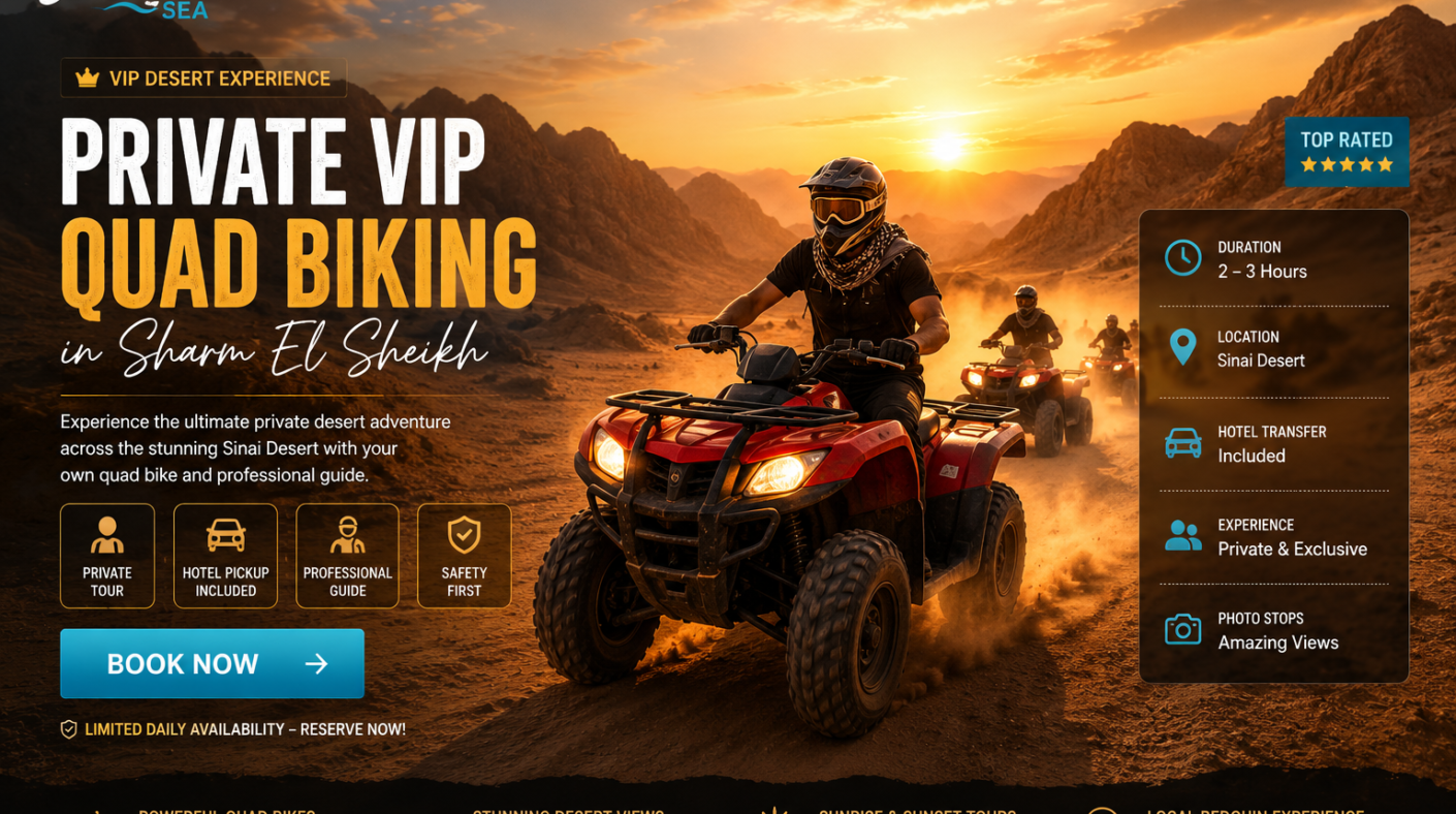 Private VIP Quad Biking Sharm El Sheikhِ (ATV) | Exclusive Desert Safari Private VIP quad biking adventure in Sharm El Sheikh featuring ATV riders crossing the Sinai Desert at sunset with stunning mountain views and desert landscapes