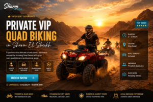 Sharm El Sheikh Activities for Non-Divers: 10 Best Things to Do Private VIP quad biking adventure in Sharm El Sheikh featuring ATV riders crossing the Sinai Desert at sunset with stunning mountain views and desert landscapes