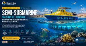 Sharm El Sheikh Activities for Non-Divers: 10 Best Things to Do "Semi Submarine tour in Sharm El Sheikh featuring panoramic underwater views of Red Sea coral reefs, colorful tropical fish, and marine life through large submarine viewing windows."