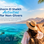 Sharm El Sheikh activities for non-divers featuring a Red Sea boat trip, snorkeling over coral reefs, desert quad biking adventure, and stunning Sinai mountains under a sunny sky.